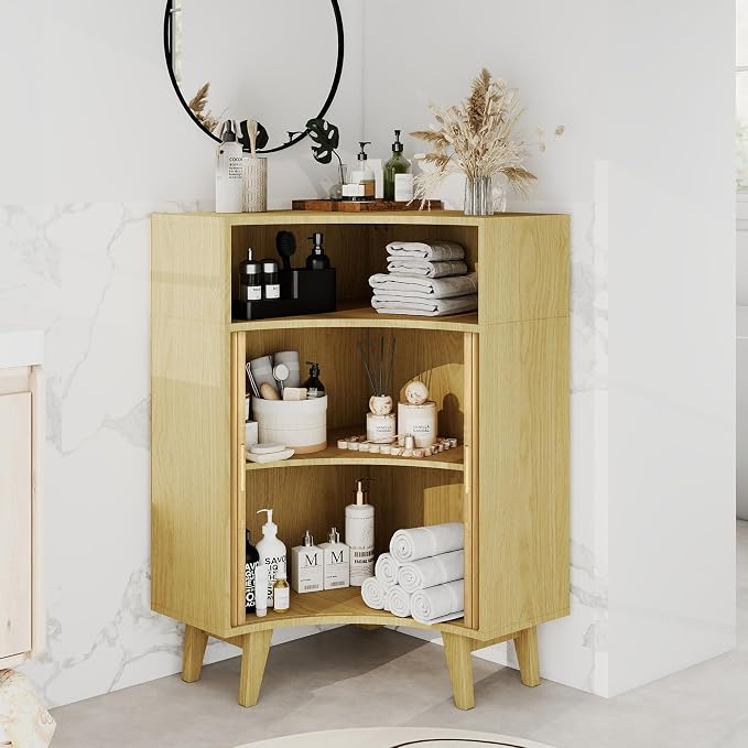 Fluted Corner Cabinet with Open Storage, Modern Floor Cabinets with Sliding - Image 7
