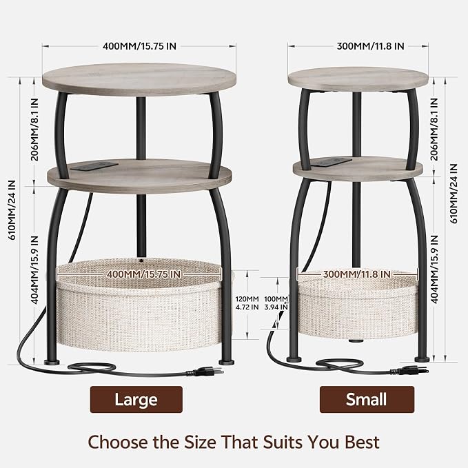 Round Side Table with Charging Station, USB Type C Port, Greige | End Table - Image 9