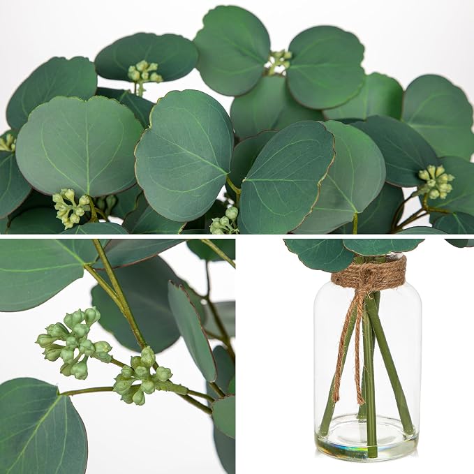 Briful Artificial Eucalyptus Stems in Clear Glass Vase - Image 6