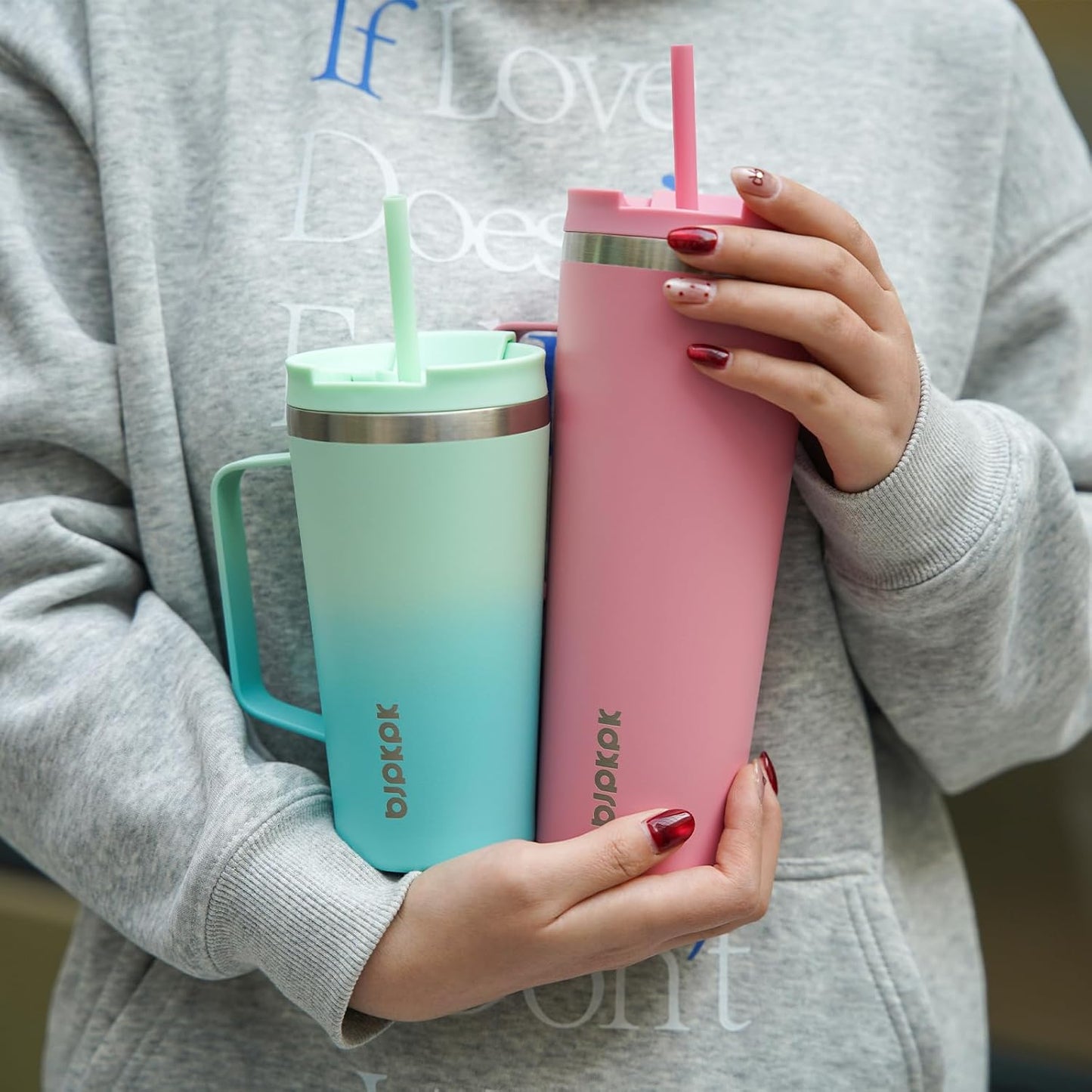 BJPKPK Insulated Tumbler with Handle, 30oz Insulated Tumblers with Lid and Straw, Stainless Steel Metal Water Bottles, Coffee Travel Mugs, Cups, Light Pink