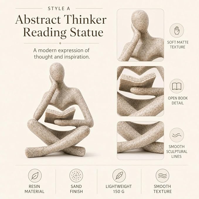 Bookshelf Decor Thinker Statue, Sand Abstract Reading Figurine, Resin - Image 7