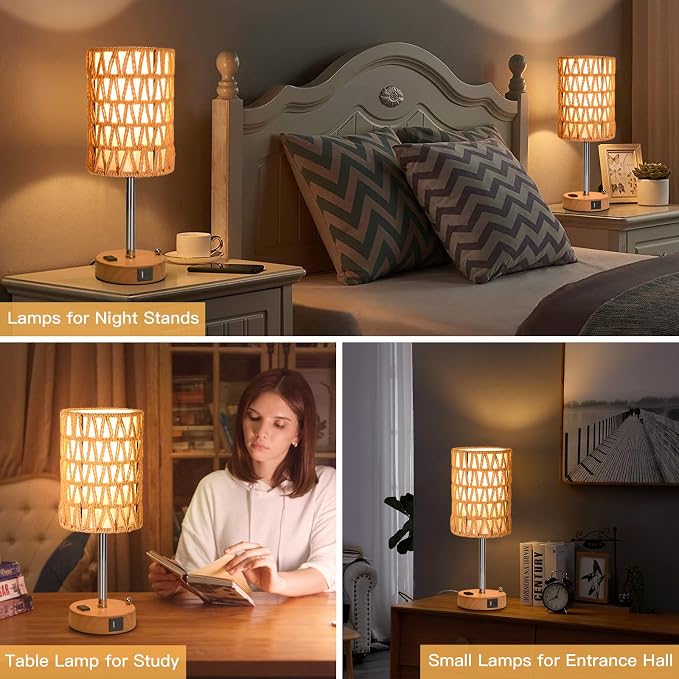 Rattan Table Lamps for Living Room, 3 Way Dimmable Touch Lamps, Small Bedside - Image 7