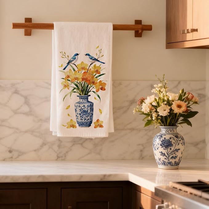 CUTHOLLOW Chinese Porcelain and Flowers Decorative Kitchen Towels Set of 4 - Image 7
