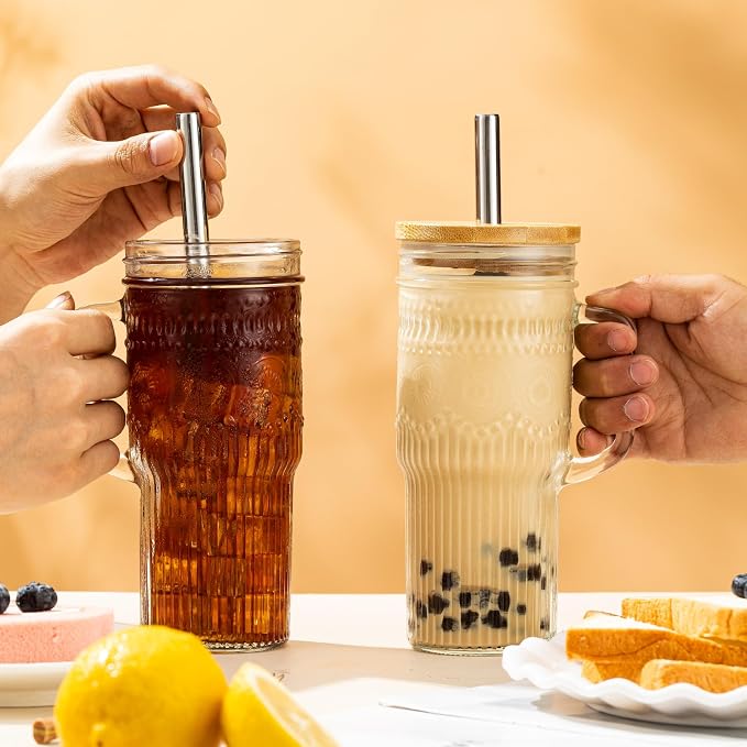 JunVpic Glass Cups with Bamboo Lids and Straws, 24oz Glass Tumbler with Handle - Image 8