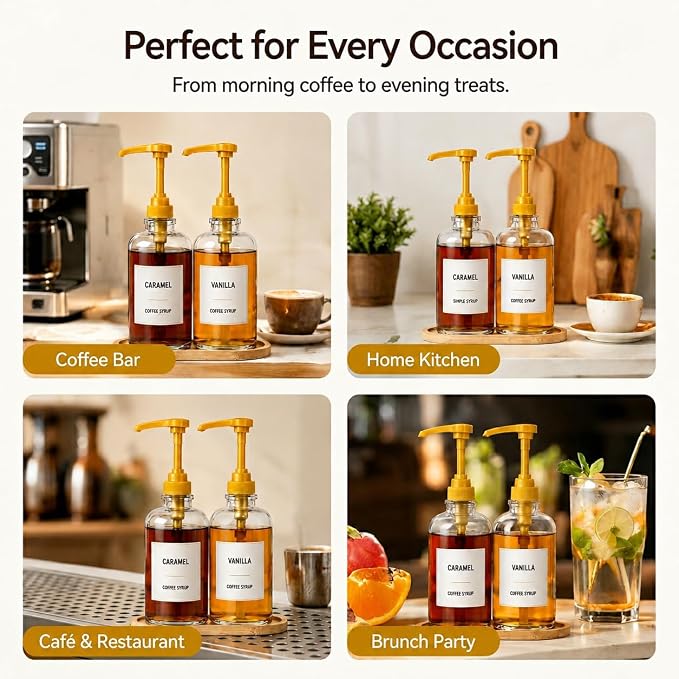 Coffee Syrup Dispenser with Tray, 2 Pack 16oz Glass Coffee Syrup Bottles with - Image 7