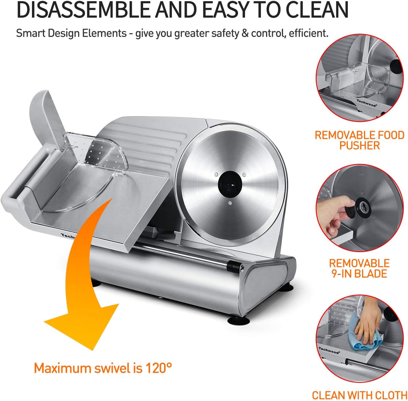 Meat Slicer, Techwood Electric Deil Food Slicer with Removable 9” Stainless Steel Blade, Deli Cheese Fruit Vegetable Bread Cutter with Adjustable Knob for Thickness, Food Carriage & Non-Slip Feet