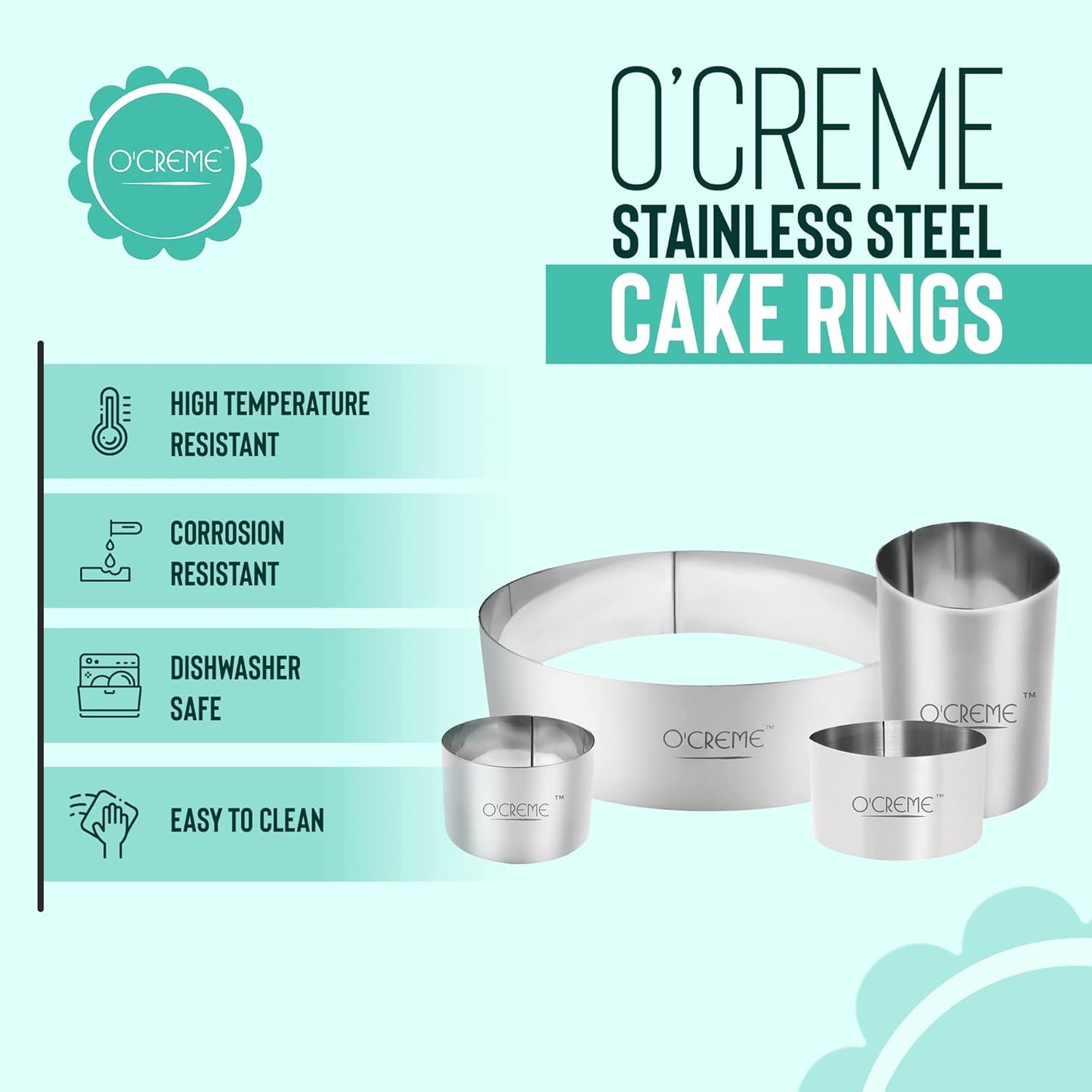 O'Creme Cake Ring Sturdy Stainless Steel Round Mousse Cake Ring Mold for Baking, Dessert Cake Decorating Pastry Rings 8 Inch Diameter x 1-1/2 Inch High