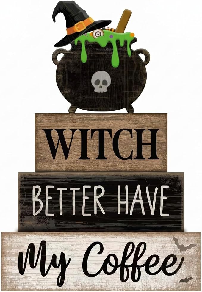 Lineshading 4 Pcs Halloween Table Decoration Witch Coffee Wooden Stacked Block by Lineshading