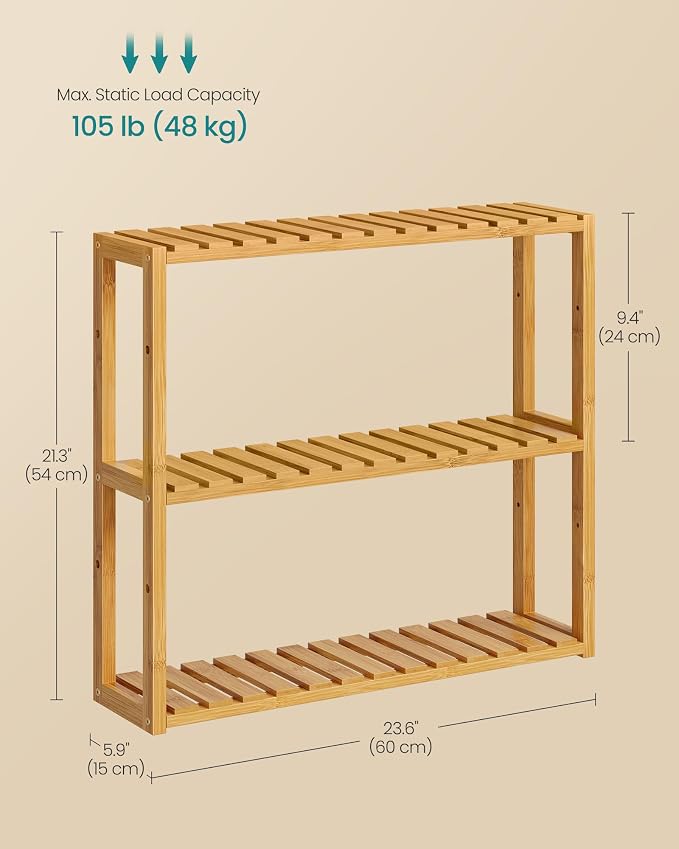 SONGMICS Bamboo Bathroom Shelf, 3-Tier Adjustable Plants Rack, Wall-Mounted or - Image 7