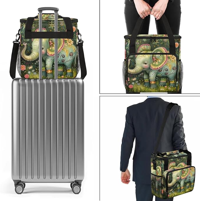 Green Elephant Boho Coffee Maker Carring Bag, Large Insulated Storage Organizer - Image 7