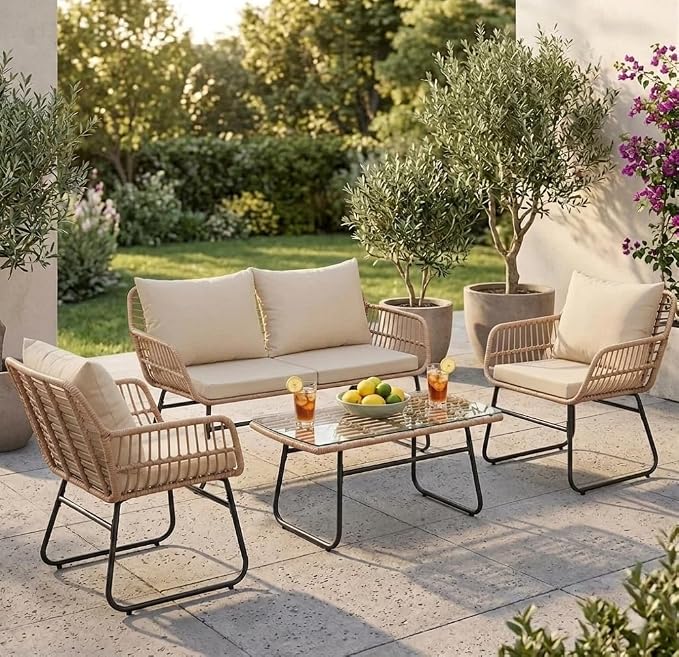 KROFEM 4-Piece Outdoor Patio Furniture Set, Modern Wicker Rattan Conversation - Image 5
