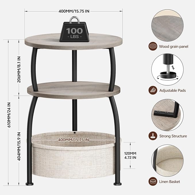 Round Side Table with Storage Basket, End Table Living Room, Greige | Round End - Image 9