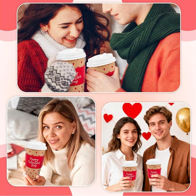 Whaline 50 Pcs 16 Oz Happy Valentine' s Day Disposable Coffee Cups - Image 7