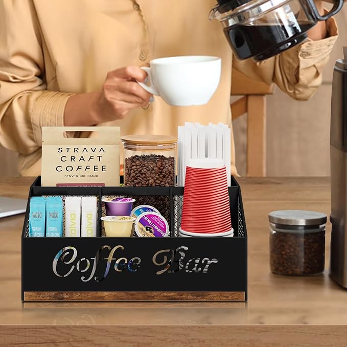 Coffee Station Organizer, Rustic Brown Wooden Countertop Coffee Bar Accessories - Image 8