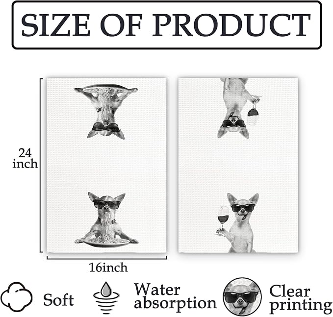 Chihuahua Gifts Wine Kitchen Towels Set of 2, Funny Chihuahua Dog Eating Pasta - Image 7