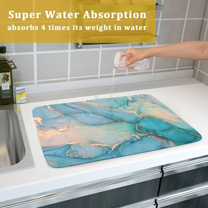 Marble Dish Drying Mat for Kitchen Counter Blue Teal Turquoise Gold Drying Mat - Image 7