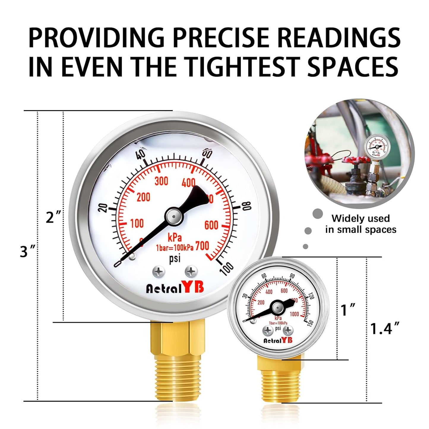 1-Inch Mini Pressure Gauge, 0-150 PSI / 0-1000 kPa, High-Pressure Dual-Scale Air Pressure Gauge, Stainless Steel Case, 1/8” NPT Bottom Mount for Hydraulics and Compressed Air Systems