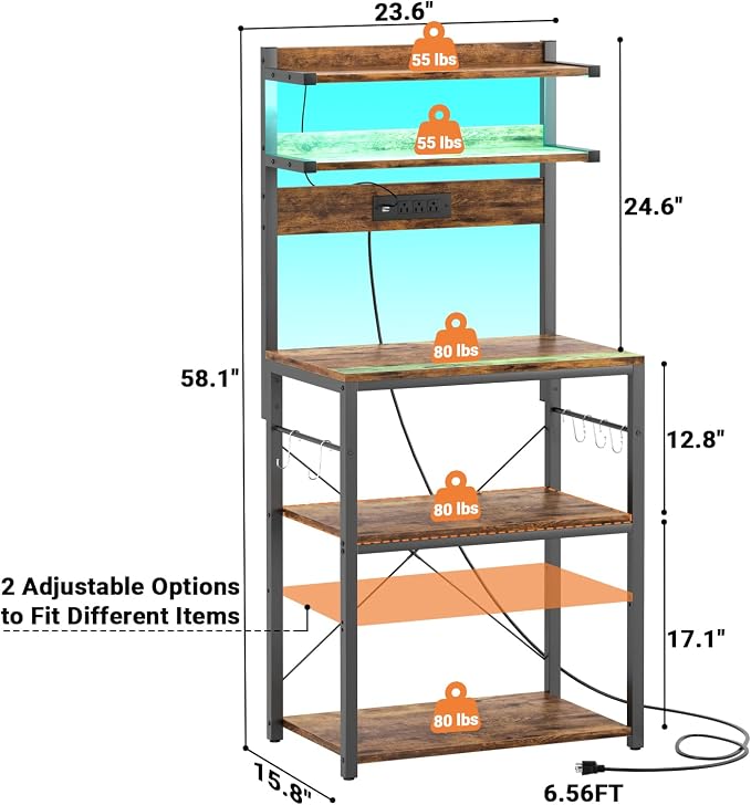 Aheaplus Bakers Rack with Power Outlet, Microwave Stand, 5 Tiers Coffee Bar - Image 7