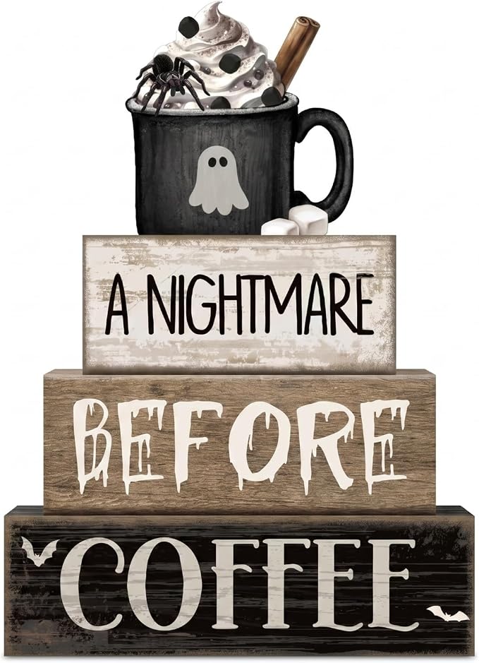 Lineshading 4 Pcs Halloween Table Decorations Spooky Coffee Wooden Stacked by Lineshading