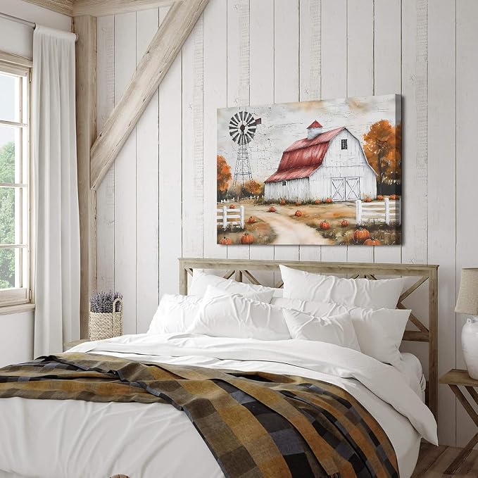 Country Autumn Landscape Canvas Wall Art Farmhouse Barn Windmill Pictures Wall - Image 6