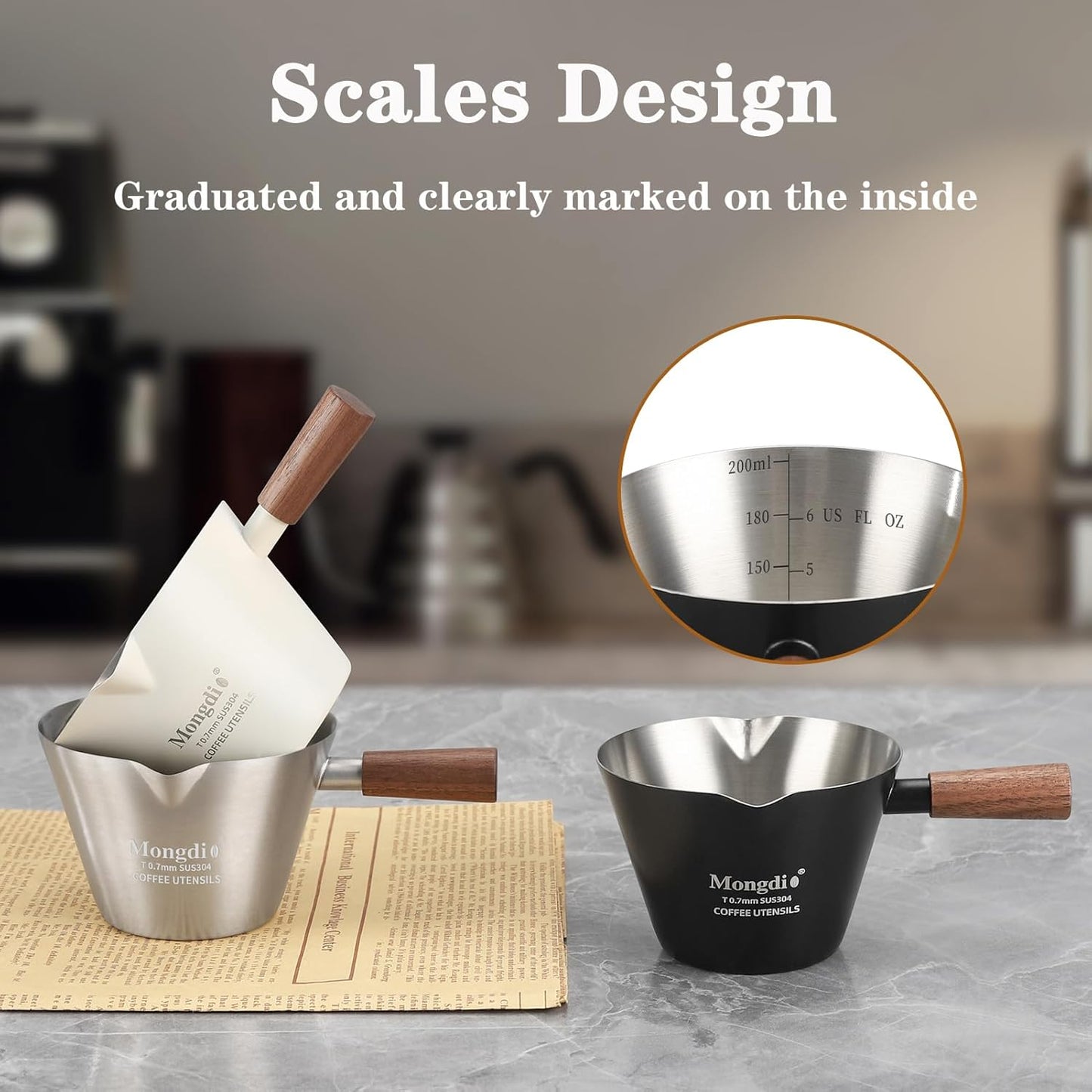 Mongdio 2 Pcs Espresso Measuring Cup, Stainless Steel Espresso Shot Cups with Wooden Handle and Double Spouts, 6.8OZ/200ML, White