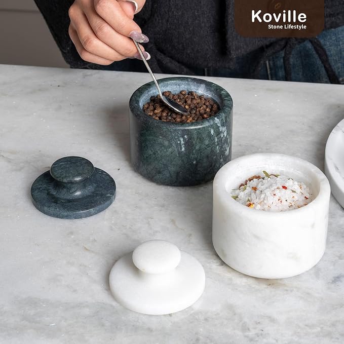 Koville Marble Salt Cellar White and Green Salt Holder - Image 8