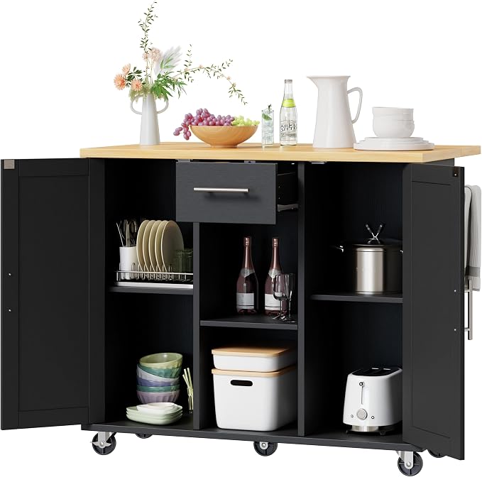 Shintenchi Kitchen Island with Storage, Bar Cart Cabinet Island Table on Wheels - Image 7