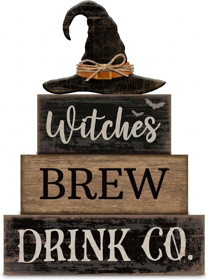 Lineshading 4 Pcs Halloween Table Decoration Witch Coffee Wooden Stacked Block by Lineshading