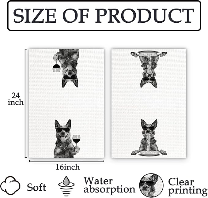 Blue Heeler Gifts Wine Kitchen Towels Set of 2, Funny Dog Eating Pasta - Image 7