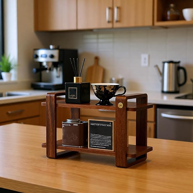 Coffee Station Organizer for Kitchen Walnut Wooden Countertop Mug Holder 2 Tier - Image 7