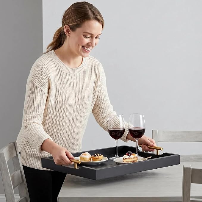 Wood Serving Tray with Metal Handles, 17x13in Large Wooden Tray - Image 9