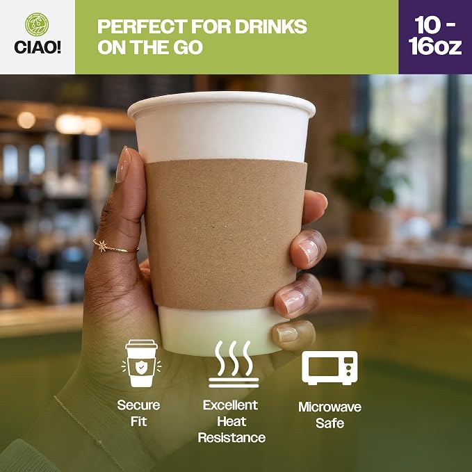 CIAO! Kraft Hot Coffee Cup Sleeves, Fits 10–16 oz Paper Cups, Disposable - Image 6