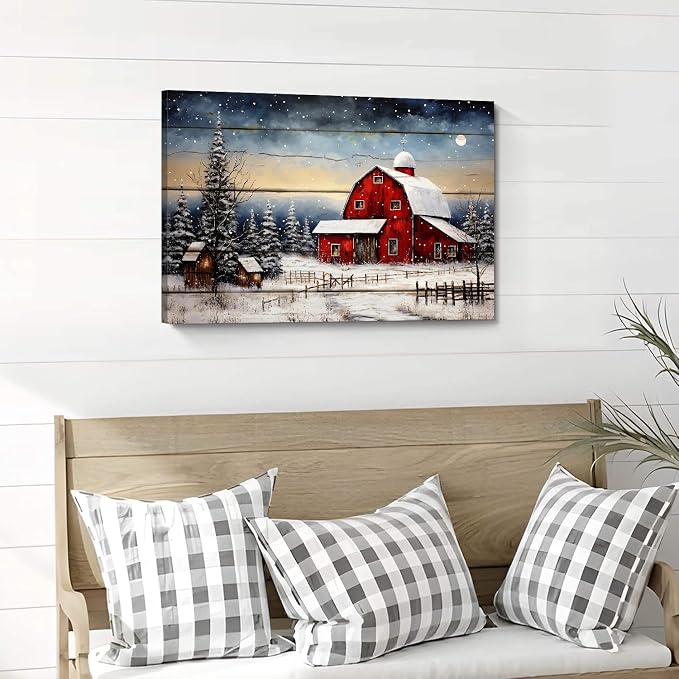 Red Barn Wall Art Snowy Winter Landscape Wall Art Christmas Home Decoration - Image 6