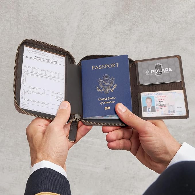 Polare Leather Pilot Wallet Passport Holder RFID Blocking Tri-fold Travel Cover - Image 9
