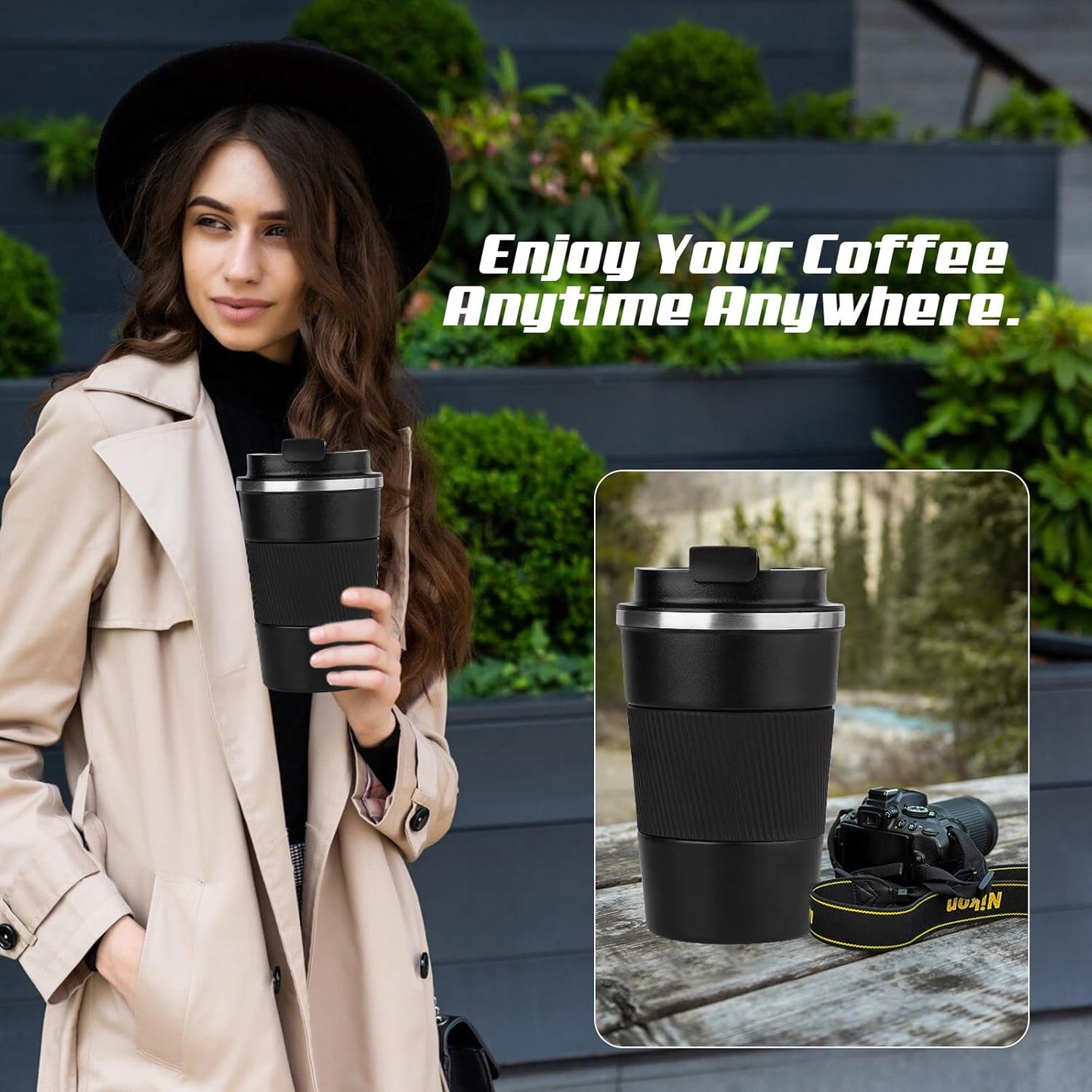 Vacuum-Insulated Stainless Steel Travel Coffee Mug, Leak-Proof Reusable Coffee Cup with Lid - Keep Hot & Cold Drinks for Hours, Durable Thermos Tumbler for Men & Women (3rd-Black, 12OZ)