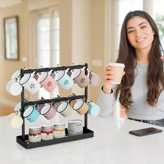 Coffee Mug Holder for Countertop 20 Hooks Mug Tree Rack 2 Tier Counter Cups - Image 7