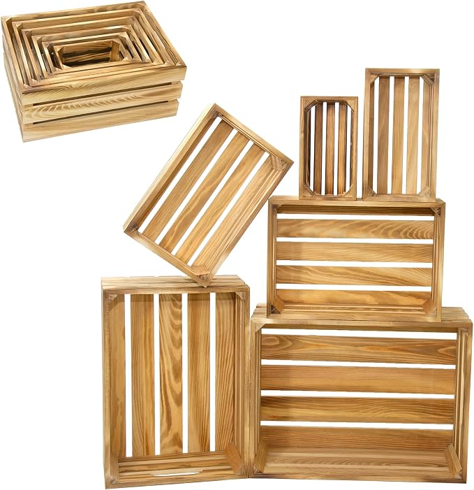Wooden Crates for Display 6 Pack Large Rustic Nesting Wooden Basket - Image 8