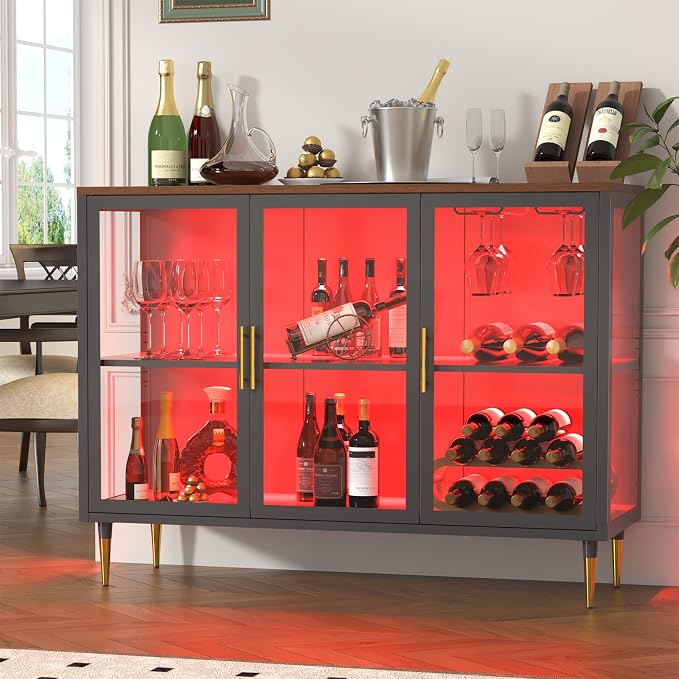 Wine Bar Cabinet with LED Lights, Metal Wood Home Coffee Bar Cabinet with Glass - Image 8