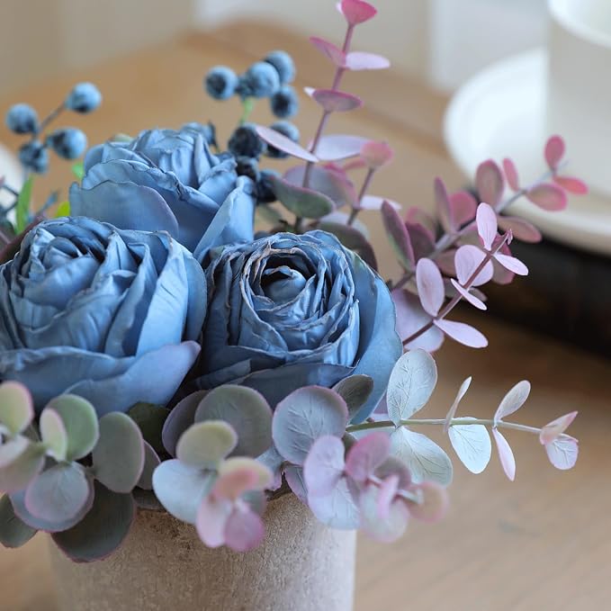 Small Artificial Burnt Blue Rose Potted Plant, Mini Faux Floral Arrangement - Image 7