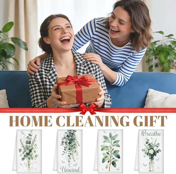 WADORN 4Pcs Sage Green Eucalyptus Leaves Kitchen Towels, Funny Breathe Unwind - Image 7