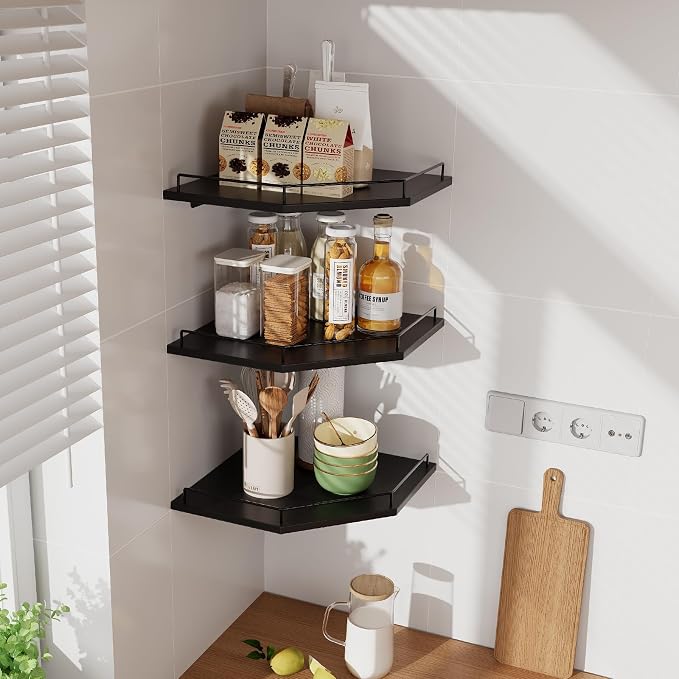 JJL Corner Shelf with Rails, 3-Tier Hexagon Floating Corner Shelf Wall Mounted - Image 6