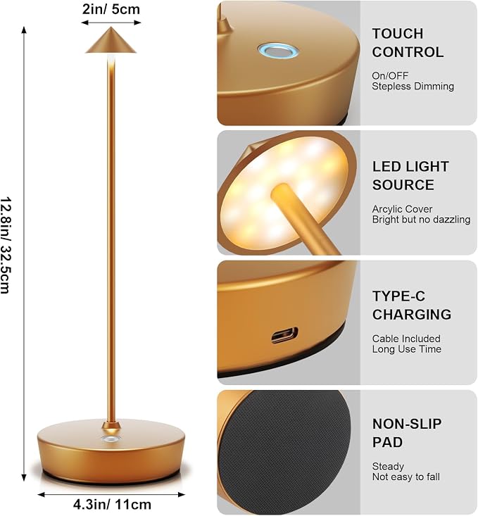 Rechargeable Cordless Table Lamp, Portable Powered LED Battery 6000mAh Metal - Image 6