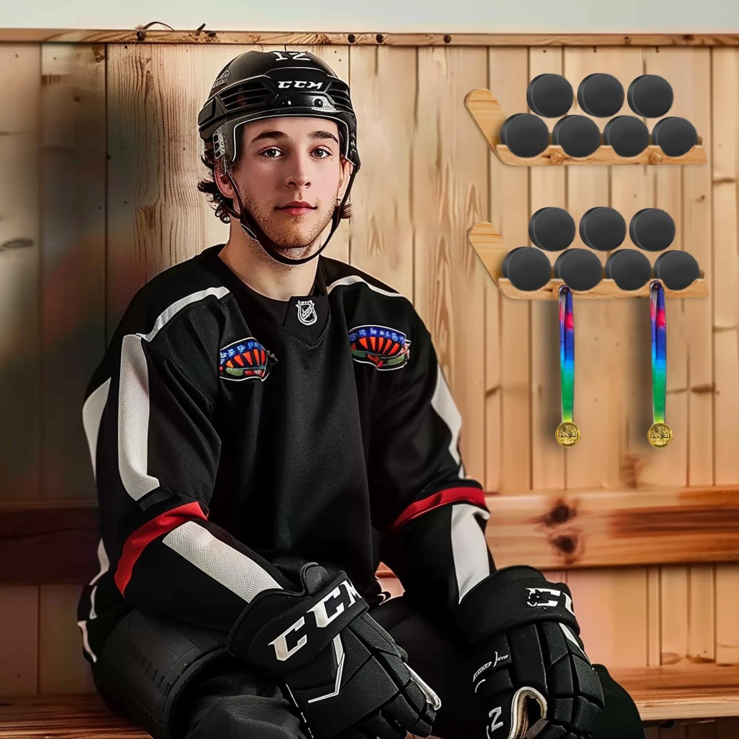 2 Pack Hockey Puck Display Cases for Father's Day Gifts, Wooden Wall Mount Holder with Hook - Hockey Puck Holder Living Room Stick Decor Accessory for Player Team Gift - burlywood