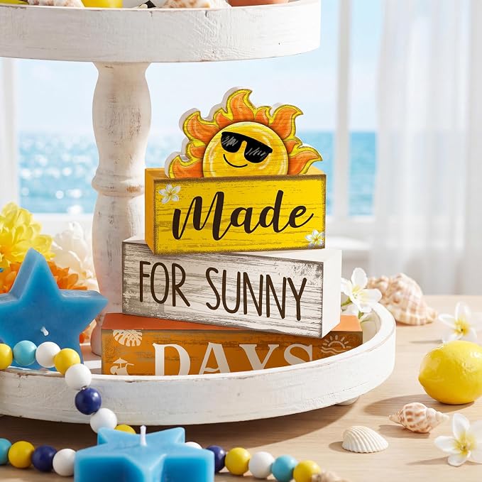 Lineshading 4 Pcs Summer Table Decoration Wooden Sun Beach Tiered Tray Decor - Image 6