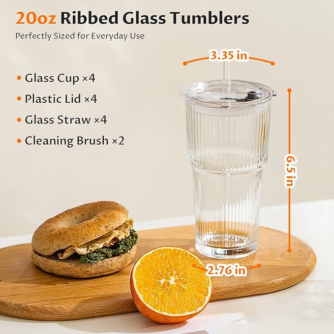Glass Cups with Lids and Straws 4 Pack, 20oz Ribbed Glass Cups, Leak Resistant - Image 9