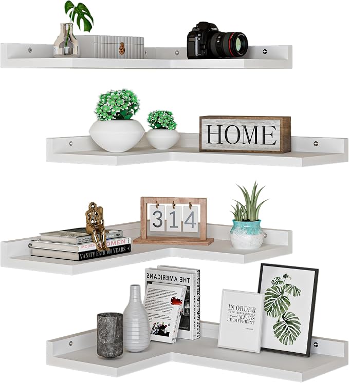 4 Tier Floating Corner Shelves White Set of 4, Rustic Pine Wooden Floating - Image 7