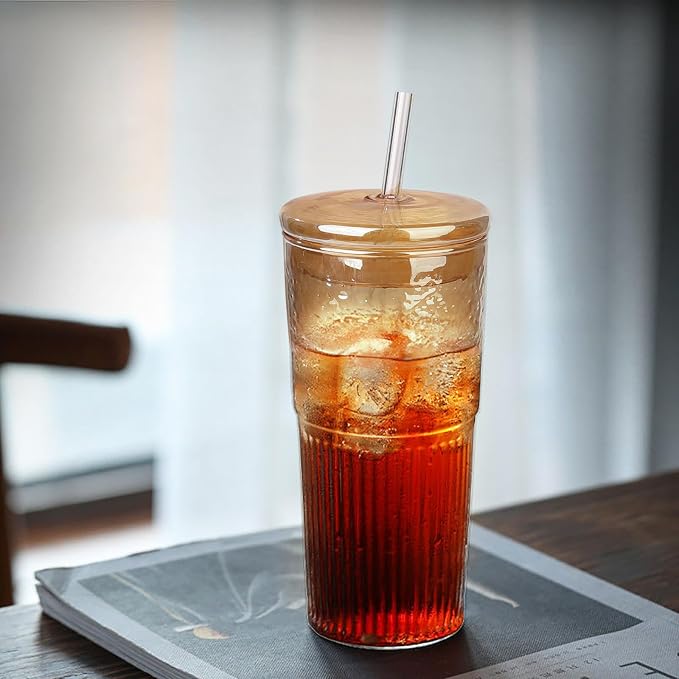 JunVpic Glass Cups with Lids and Straws, Amber 20 OZ Iced Water Glasses Tumblers - Image 6