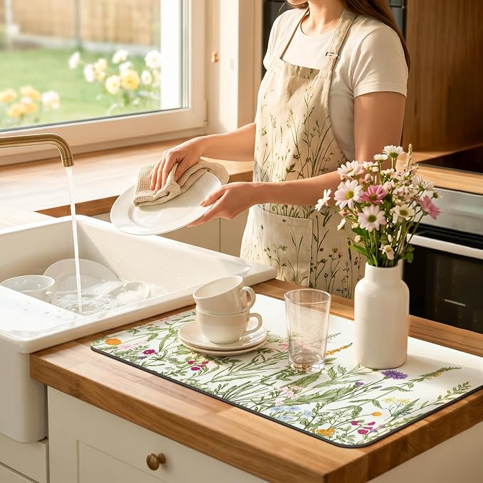 LOKHOM Dish Drying Mat for Kitchen Counter, Wildflower Floral Dish Drainer Rack - Image 8
