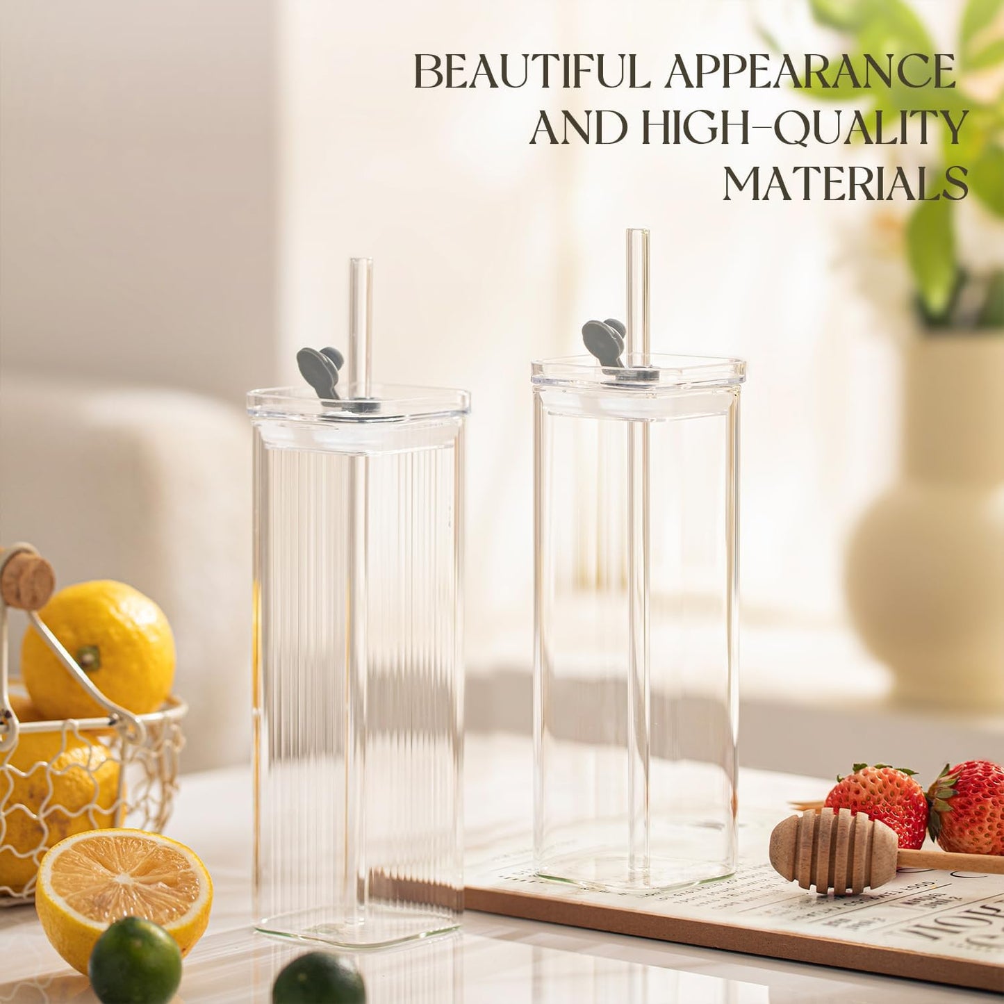 6PCS Pink Square Drinking Glass Cups, 17 Oz Modern Glassware with Lids & Straws - Old Fashioned Cocktail Glasses for Juice, Iced Coffee, Bubble Tea, Party Drinkware