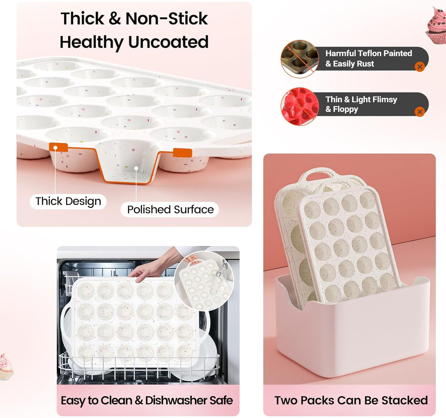 Silicone Muffin Pan with Metal Reinforced Frame - 12 Cups Muffin Pan With 24 Cups for Homemade Muffins, Cupcakes, Oven and Dishwasher Safe - Set of 2, Rainbow Dots